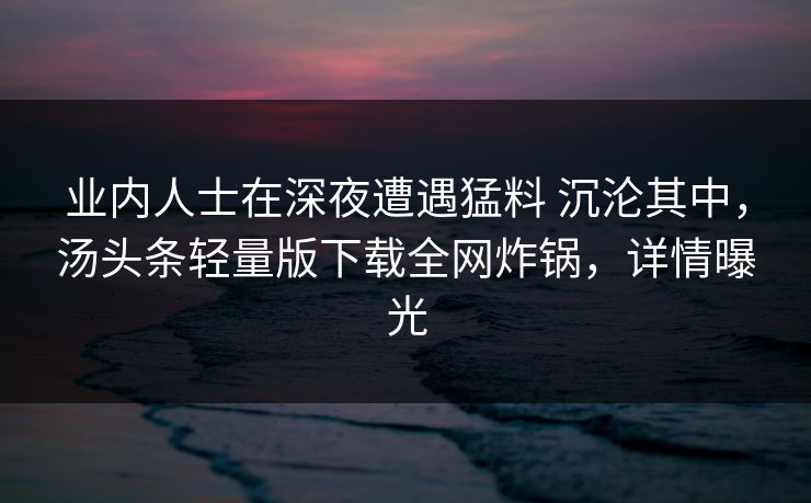 业内人士在深夜遭遇猛料 沉沦其中，汤头条轻量版下载全网炸锅，详情曝光